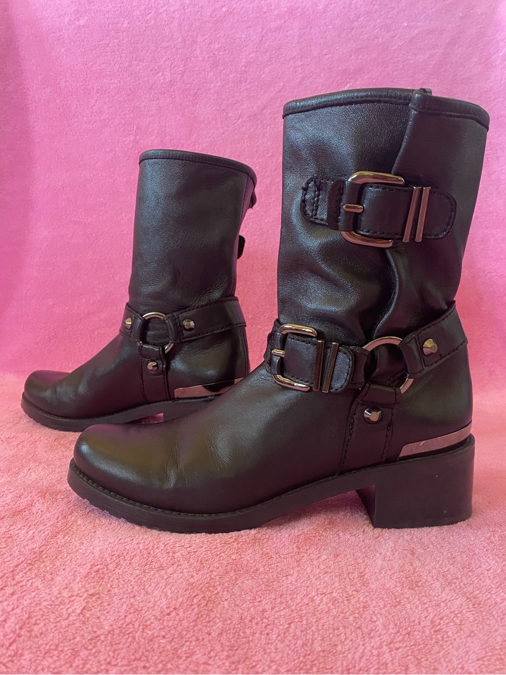 Stuart Weitzman Black Leather Moto Boots Buckle Harness Designer Boots 6.5